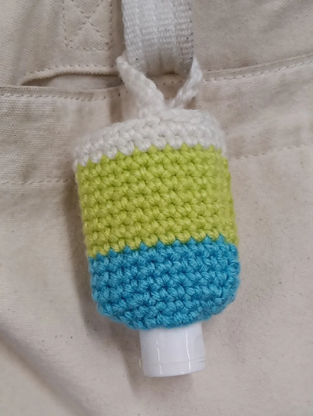 White Green & Blue Crocheted Hand Sanitizer Holder